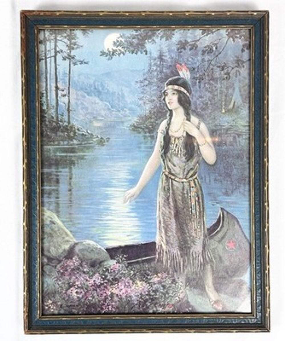Vtg 1930s Indian Maiden w/ Canoe Moonlight Print Keeping the Tryst Harper Hiebel